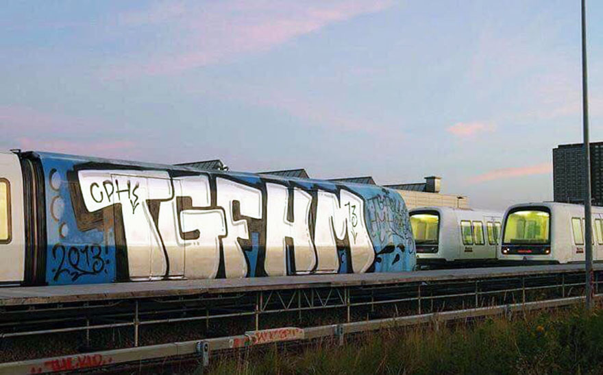 graffiti train subway writing copenhagen denmark tgf hm wholecar 2013